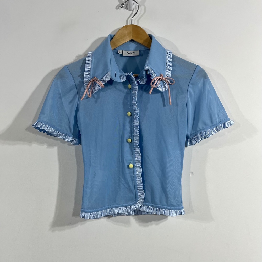 Fanci Club Coquette Artsy Boho Chic Sheer Mesh Ruffle Top Bows Medium Dainty
